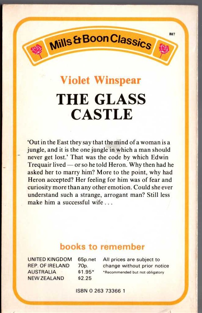 Violet Winspear  THE GLASS CASTLE magnified rear book cover image