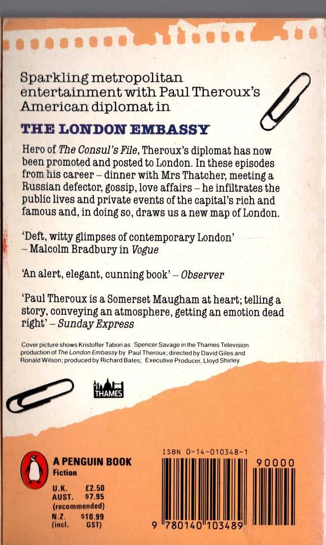 Paul Theroux  THE LONDON EMBASSY (TV tie-in) magnified rear book cover image