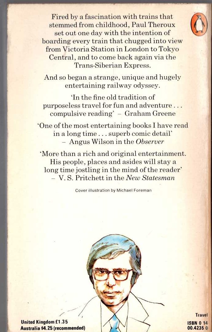 Paul Theroux  THE GREAT RAILWAY BAZAAR magnified rear book cover image