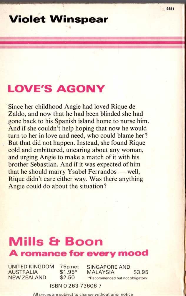 Violet Winspear  LOVE'S AGONY magnified rear book cover image