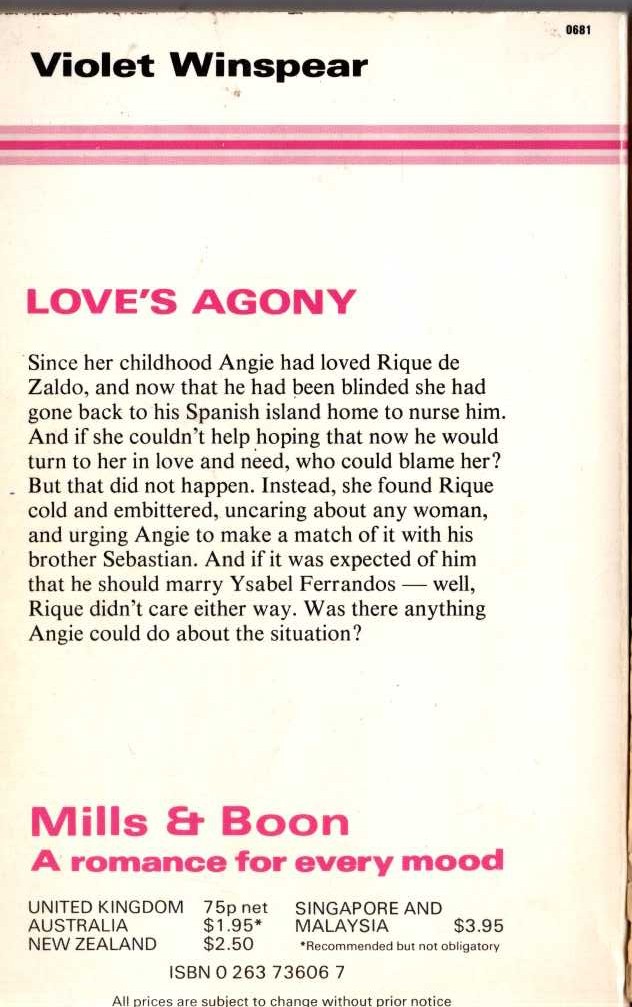 Violet Winspear  LOVE'S AGONY magnified rear book cover image