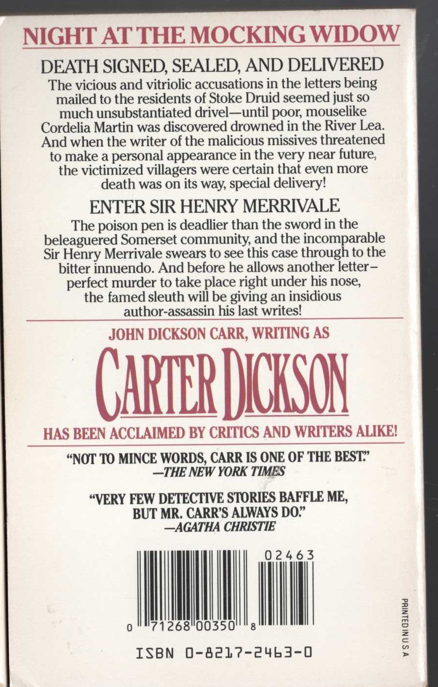 Carter Dickson  NIGHT AT THE MOCKING WIDOW magnified rear book cover image