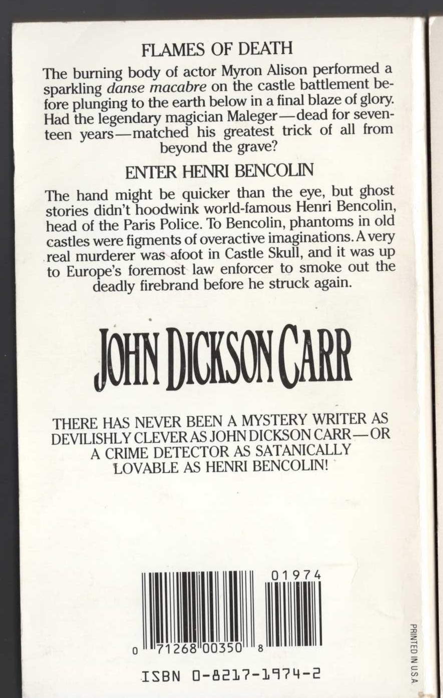 John Dickson Carr  CASTLE SKULL magnified rear book cover image