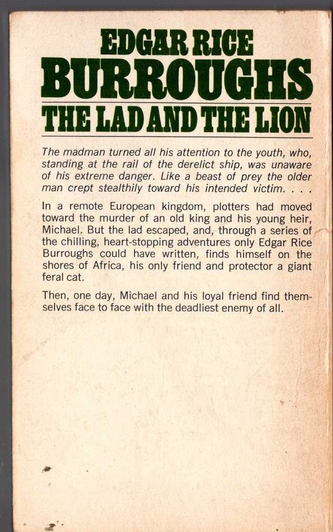 Edgar Rice Burroughs  THE LAD AND THE LION magnified rear book cover image
