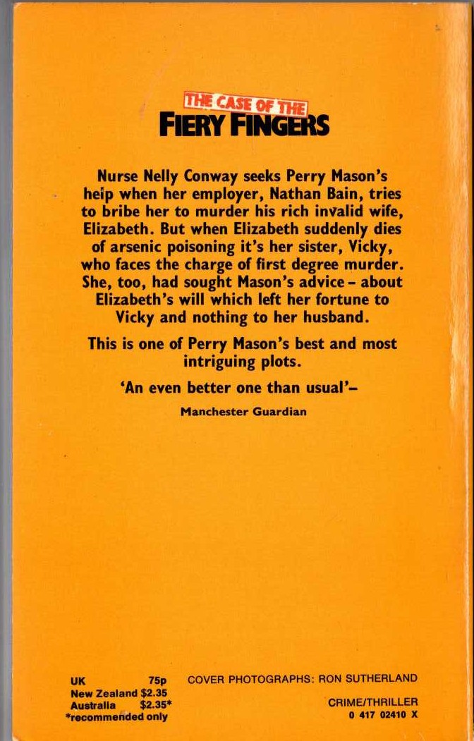 Erle Stanley Gardner  THE CASE OF THE FIERY FINGERS magnified rear book cover image