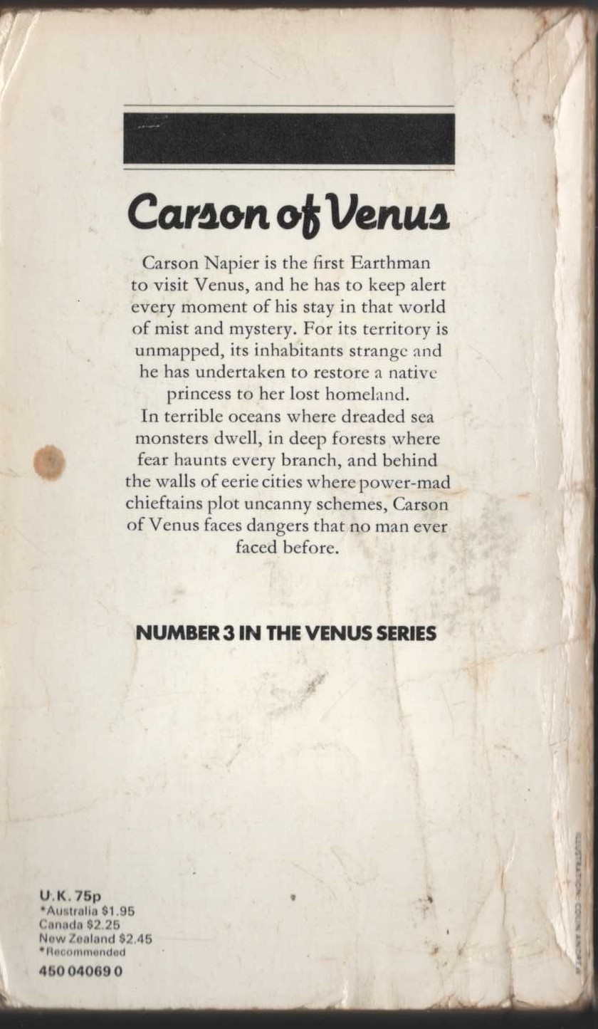 Edgar Rice Burroughs  CARSON OF VENUS magnified rear book cover image