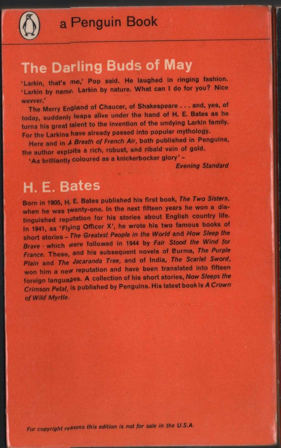 H.E. Bates  THE DARLING BUDS OF MAY magnified rear book cover image