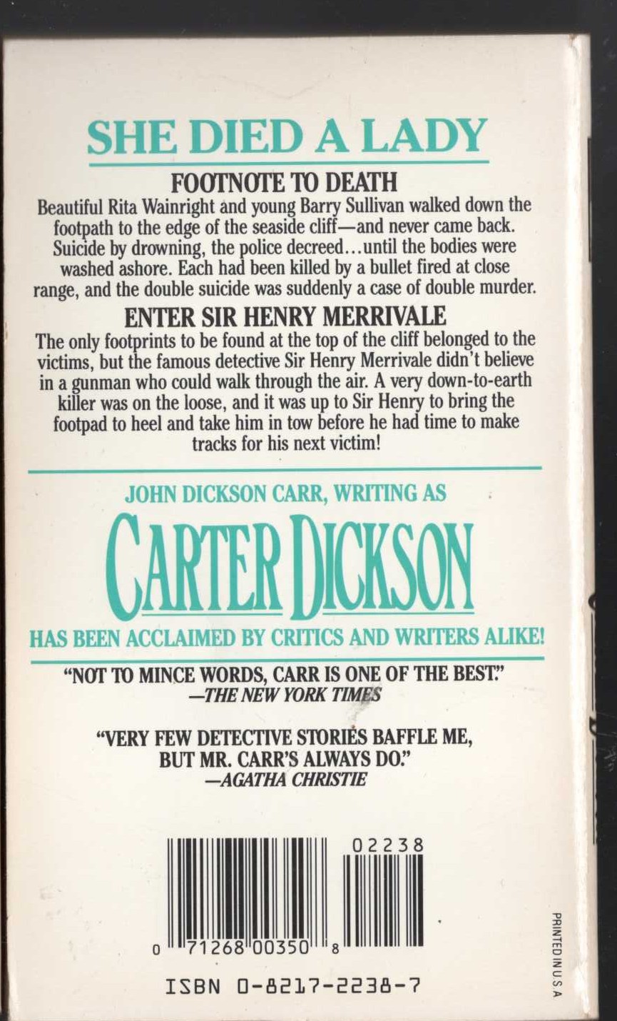 Carter Dickson  SHE DIED A LADY magnified rear book cover image