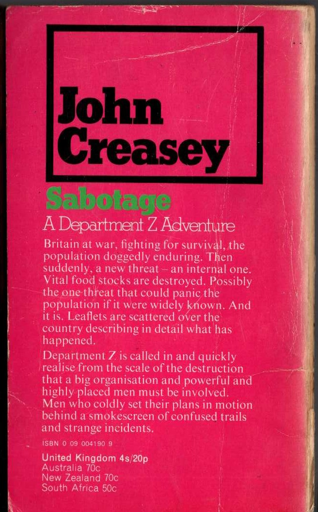 John Creasey  SABOTAGE (Department 'Z') magnified rear book cover image