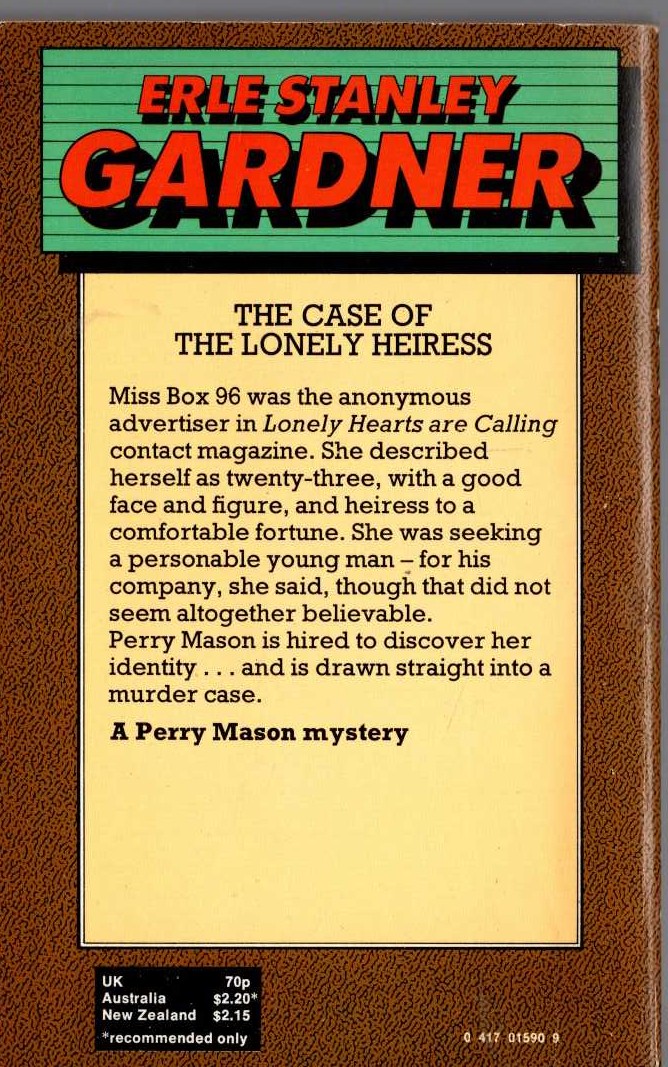 Erle Stanley Gardner  THE CASE OF THE LONELY HEIRESS magnified rear book cover image