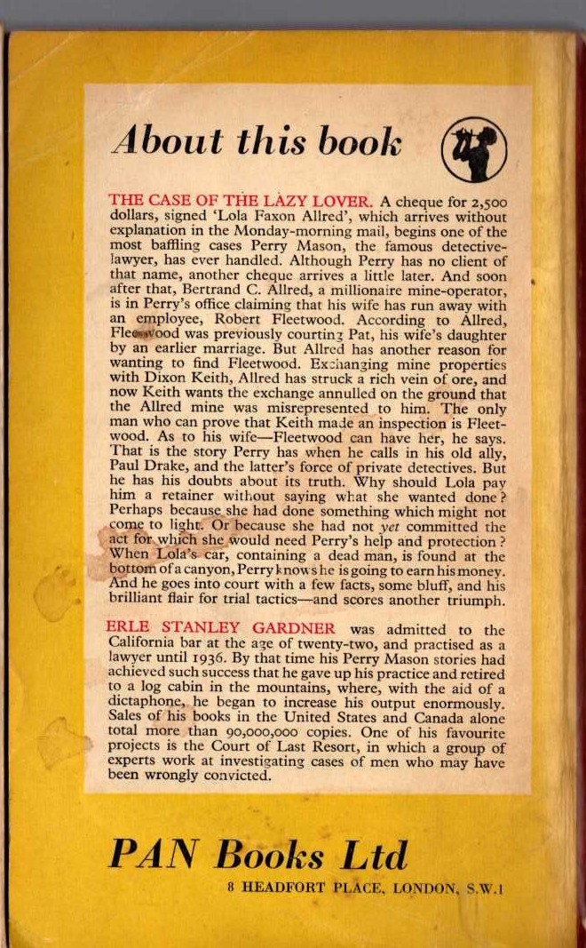 Erle Stanley Gardner  THE CASE OF THE LAZY LOVER magnified rear book cover image