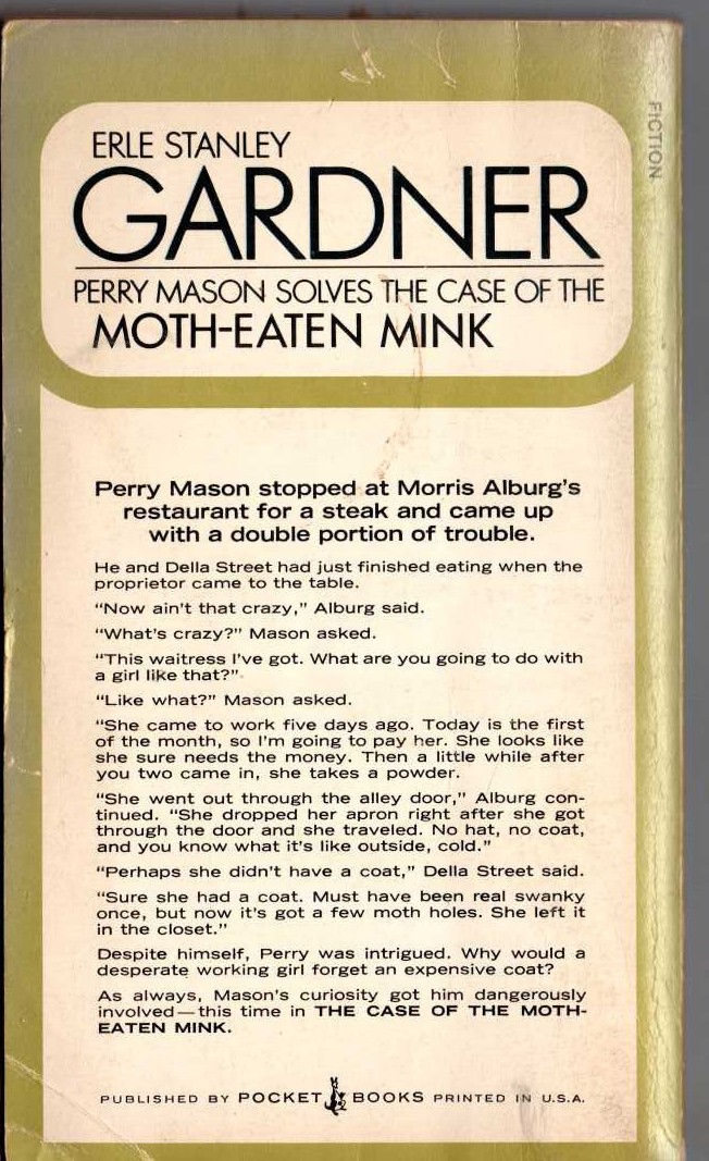 Erle Stanley Gardner  THE CASE OF THE MOTH-EATEN MINK magnified rear book cover image
