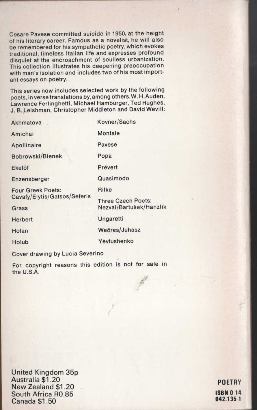 Cesare Pavese  SELECTED POEMS (Penguin Modern European Poets) magnified rear book cover image