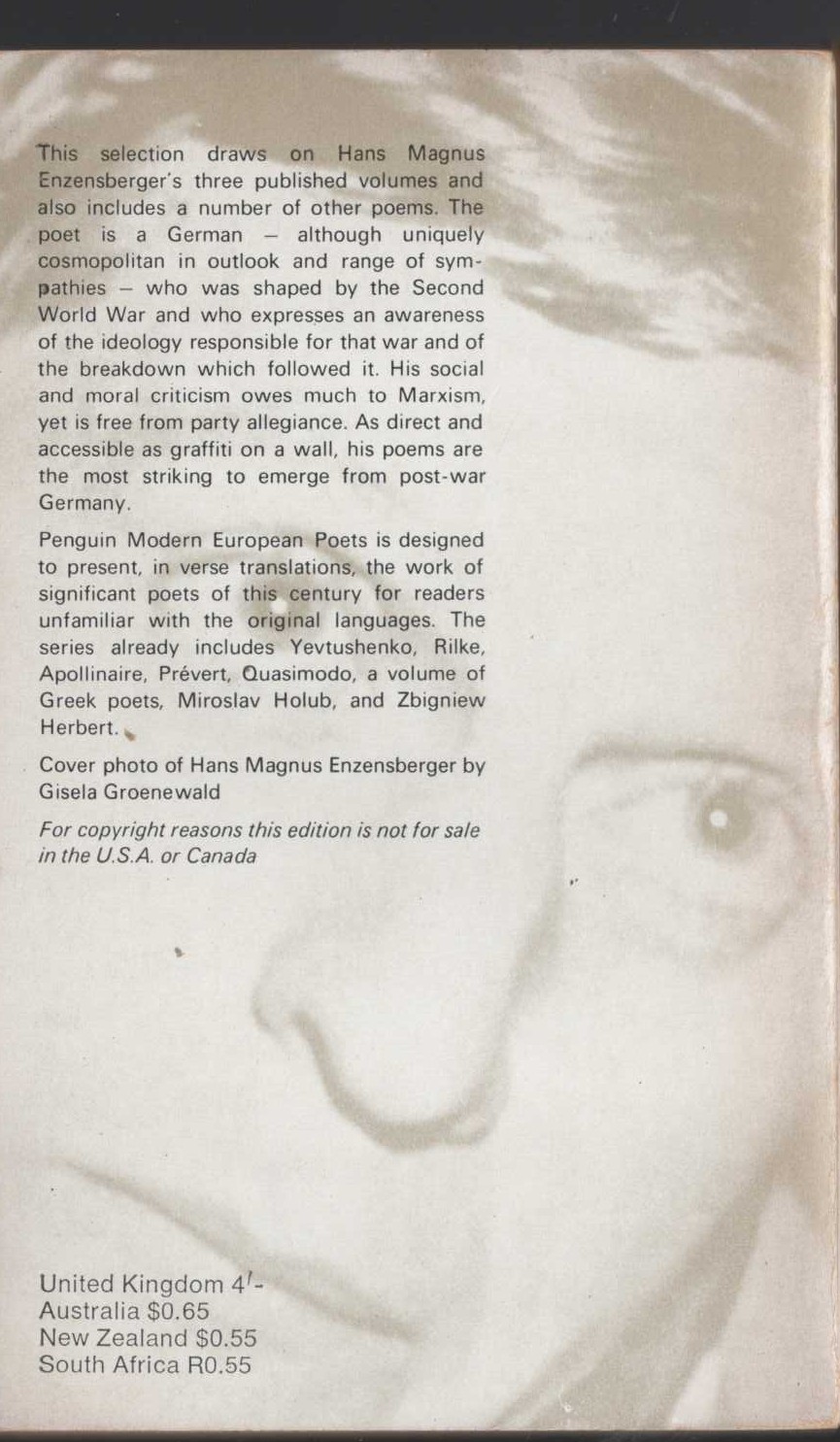 Hans Magnus Enzensberger  SELECTED POEMS (Penguin Modern European Poets) magnified rear book cover image
