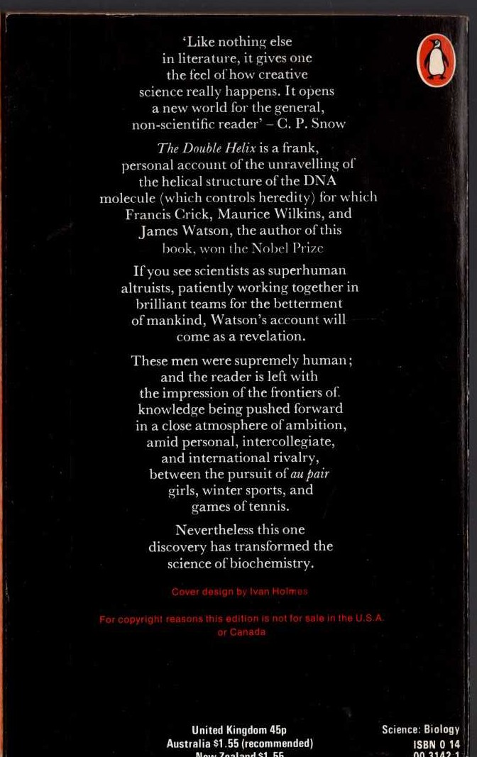 James D. Watson  THE DOUBLE HELIX magnified rear book cover image