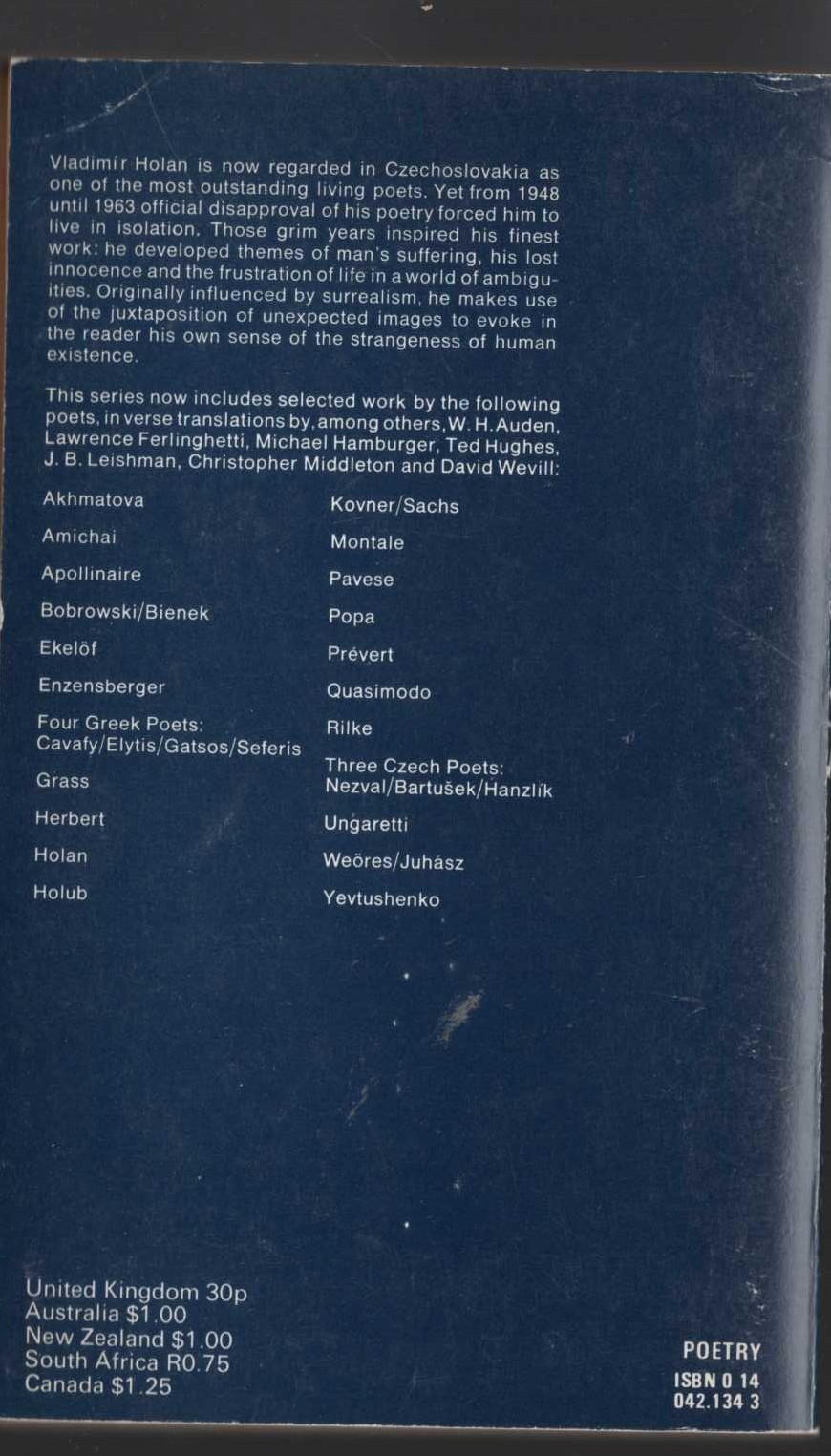 Vladimir Holan  SELECTED POEMS (Penguin Modern European Poets) magnified rear book cover image