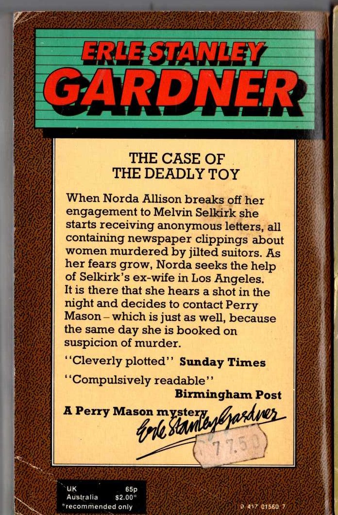 Erle Stanley Gardner  THE CASE OF THE DEADLY TOY magnified rear book cover image