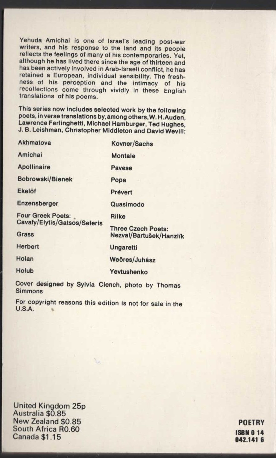 Yehuda Amichai  SELECTED POEMS (Penguin Modern European Poets) magnified rear book cover image
