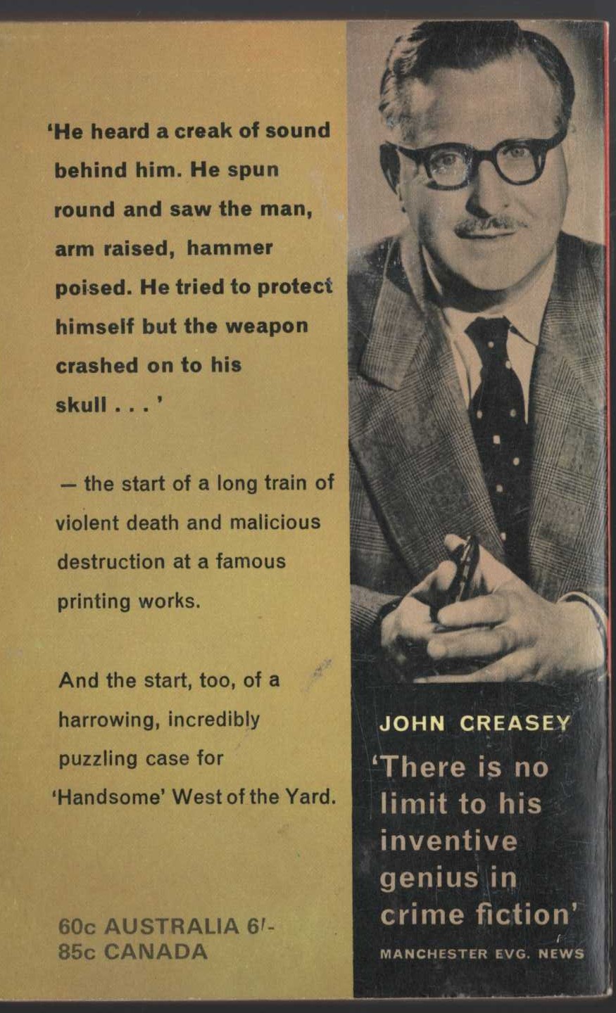 John Creasey  DEATH IN COLD PRINT magnified rear book cover image