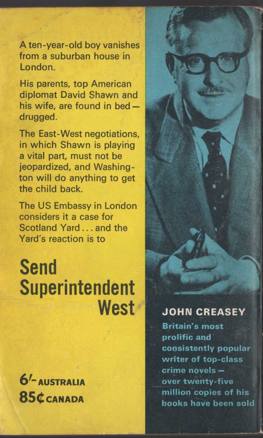 John Creasey  SEND SUPERINTENDENT WEST magnified rear book cover image