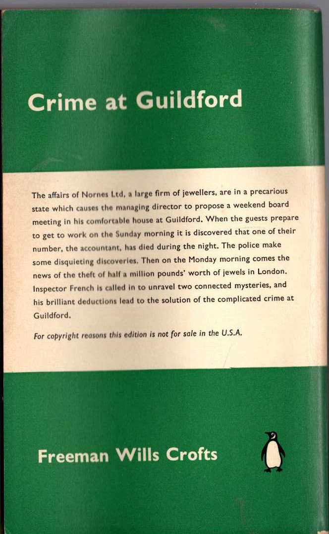 Freeman Wills Crofts  CRIME AT GUILDFORD magnified rear book cover image