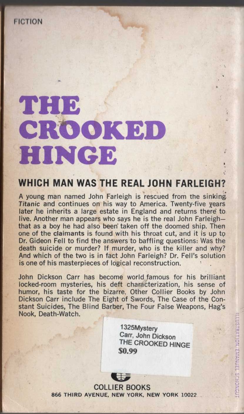 John Dickson Carr  THE CROOKED HINGE magnified rear book cover image