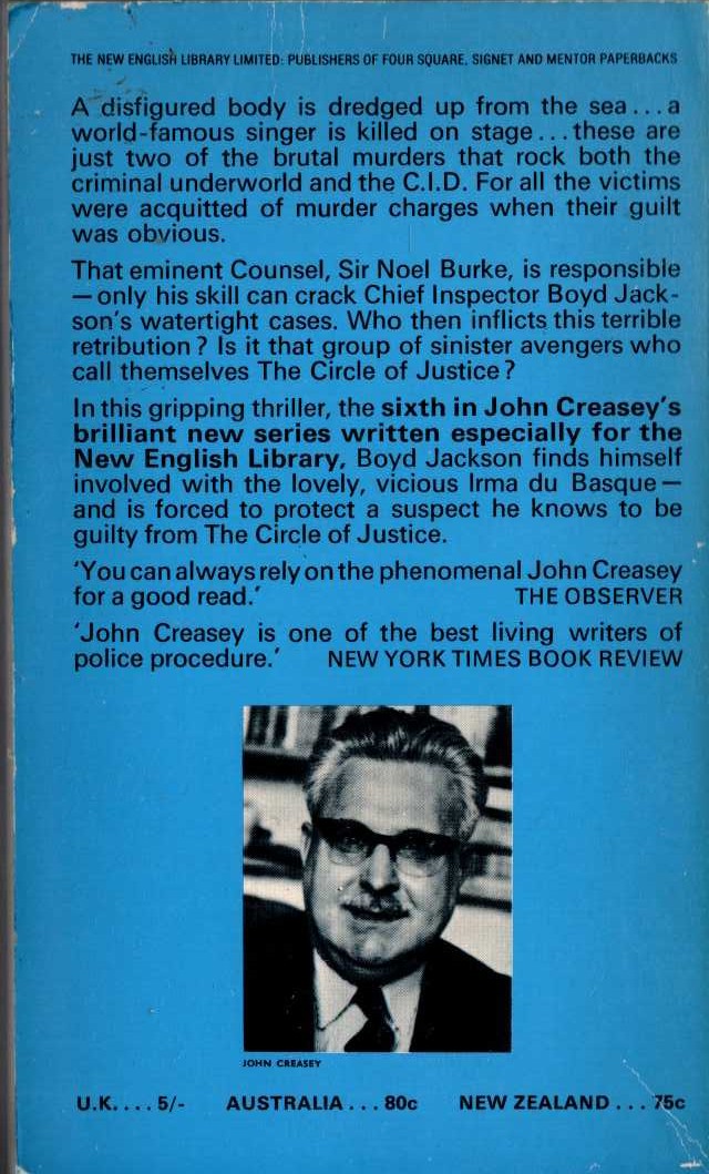 John Creasey  CIRCLE OF JUSTICE magnified rear book cover image