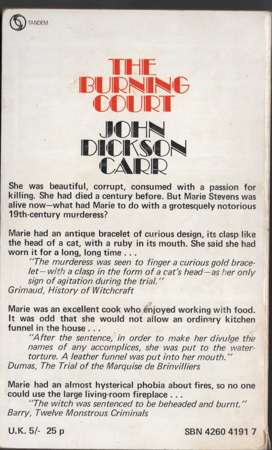 John Dickson Carr  THE BURNING COURT magnified rear book cover image