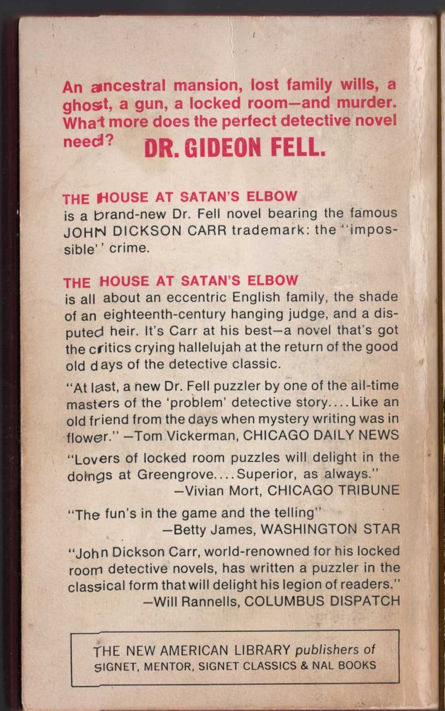 John Dickson Carr  THE HOUSE AT SATAN'S ELBOW magnified rear book cover image