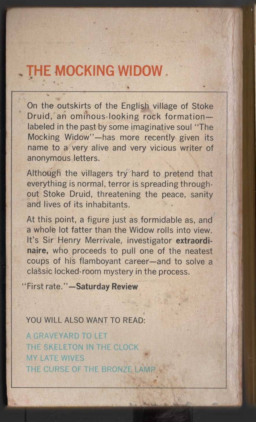 Carter Dickson  NIGHT AT THE MOCKING WIDOW magnified rear book cover image