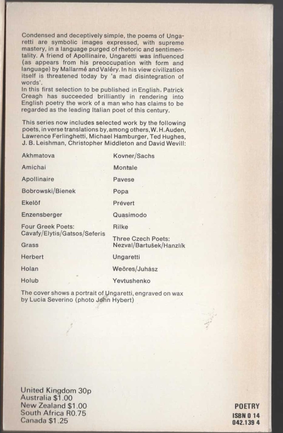 Giuseppe Ungaretti  SELECTED POEMS (Penguin Modern European Poets) magnified rear book cover image