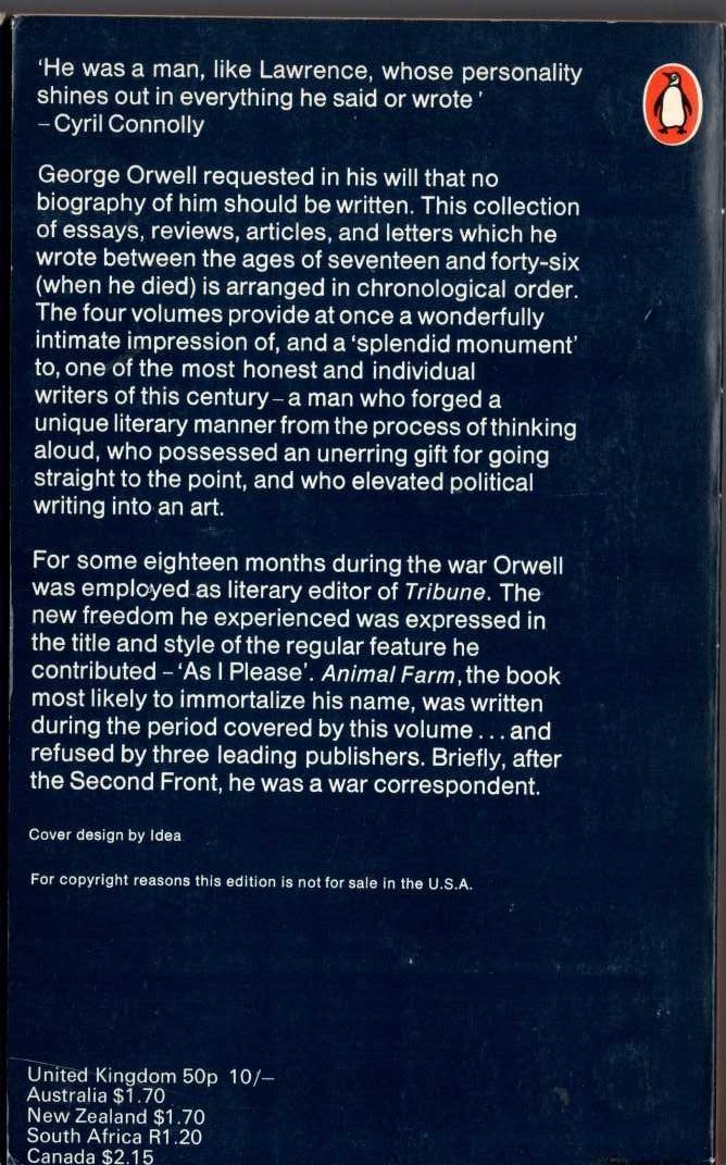 George Orwell  THE COLLECTED ESSAYS, JOURNALISM AND LETTERS OF GEORGE ORWELL. Volume 3. AS I PLEASE 1943 - 1945 magnified rear book cover image