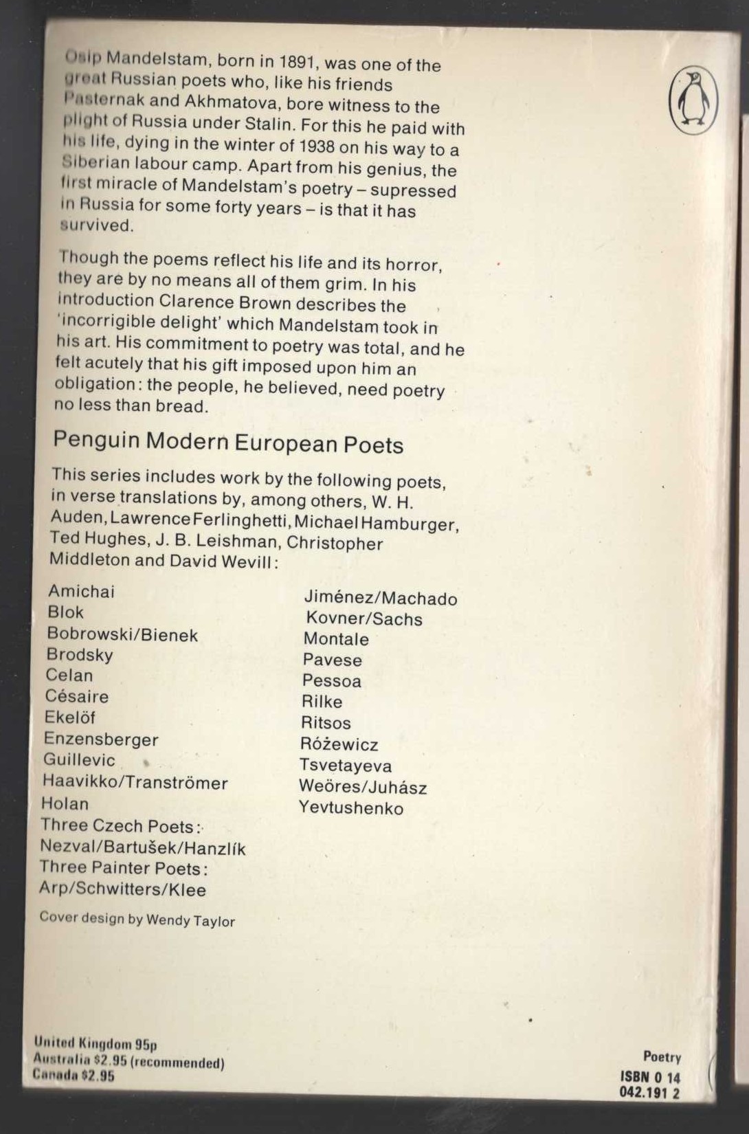 Osip Mandelstam  SELECTED POEMS (Penguin Modern European Poets) magnified rear book cover image
