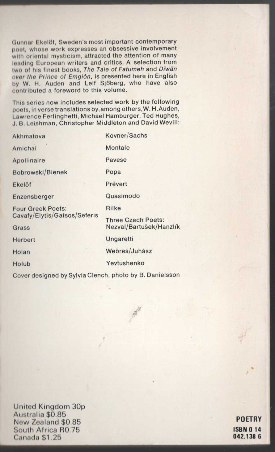 Gunnar Ekelof  SELECTED POEMS (Penguin Modern European Poets) magnified rear book cover image