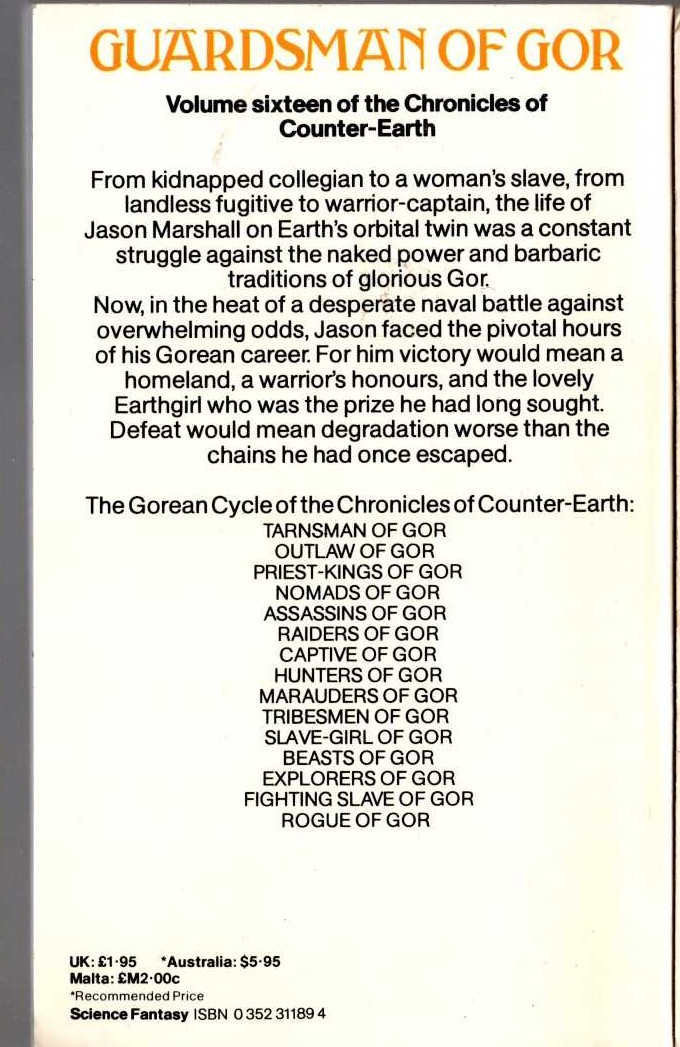 John Norman  GUARDSMAN OF GOR magnified rear book cover image