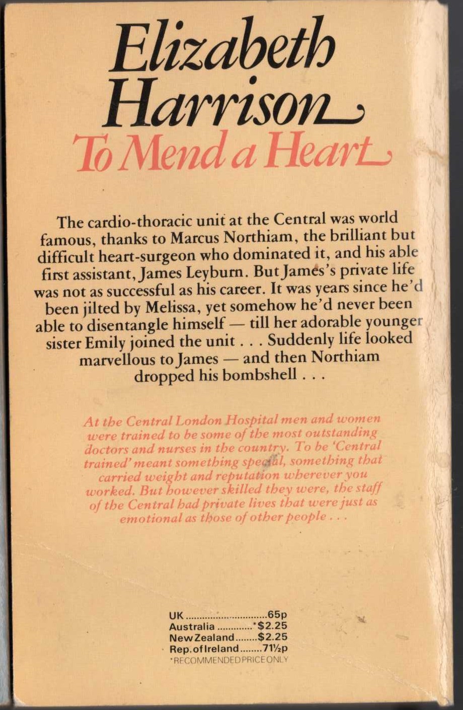 Elizabeth Harrison  TO MEND A HEART magnified rear book cover image