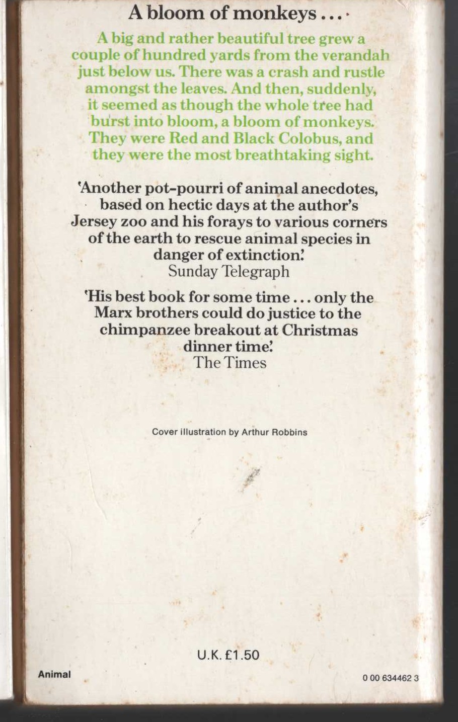 Gerald Durrell  CATCH ME A COLOBUS magnified rear book cover image