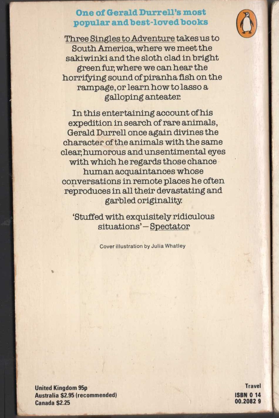 Gerald Durrell  THREE SINGLES TO ADVENTURE magnified rear book cover image