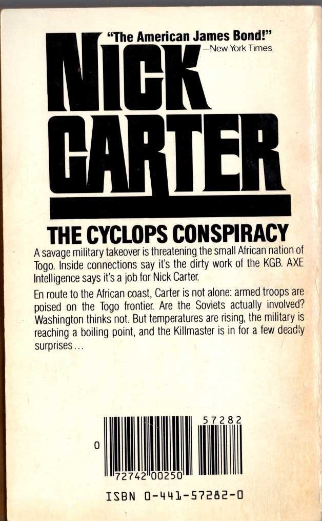 Nick Carter  THE CYCLOPS CONSPIRACY magnified rear book cover image