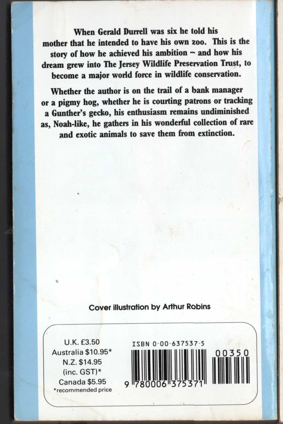 Gerald Durrell  THE ARK'S ANNIVERSARY magnified rear book cover image