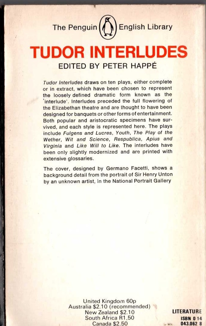 Peter Happe (edits) TUDOR INTERLUDES magnified rear book cover image