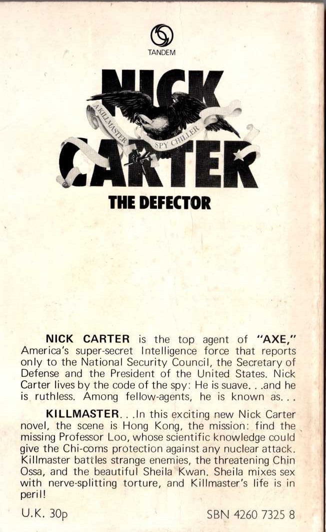 Nick Carter  THE DEFECTOR magnified rear book cover image