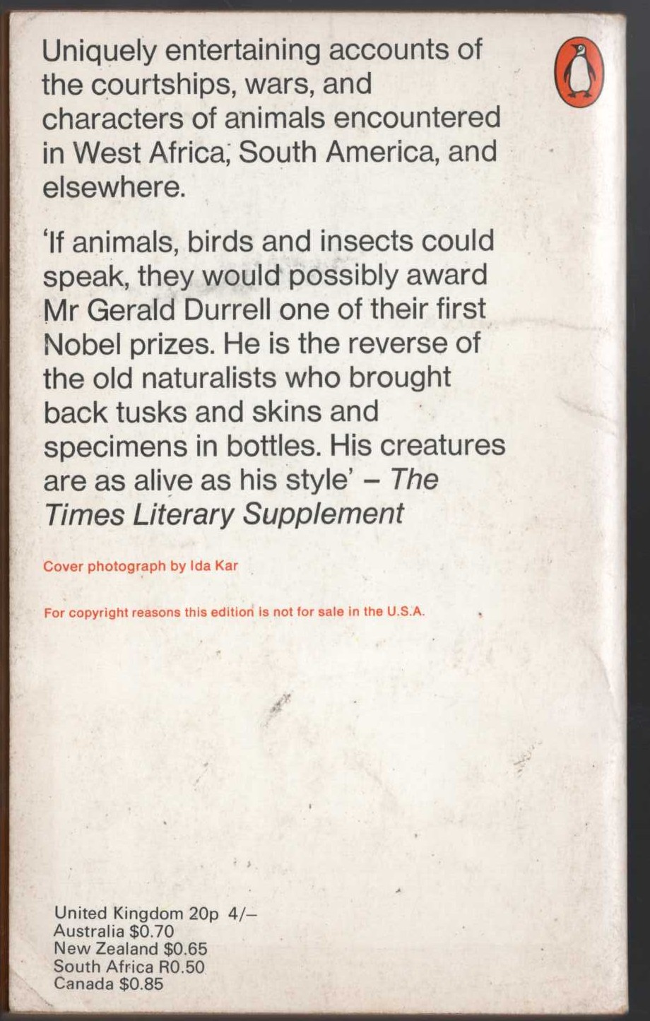Gerald Durrell  ENCOUNTERS WITH ANIMALS magnified rear book cover image