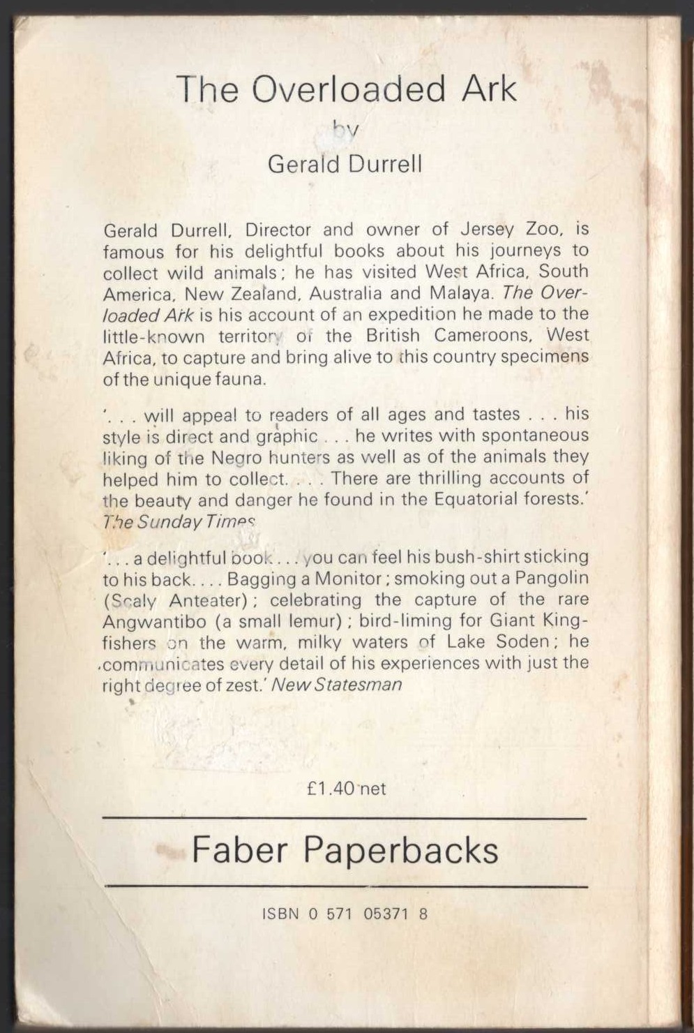 Gerald Durrell  THE OVERLOADED ARK magnified rear book cover image