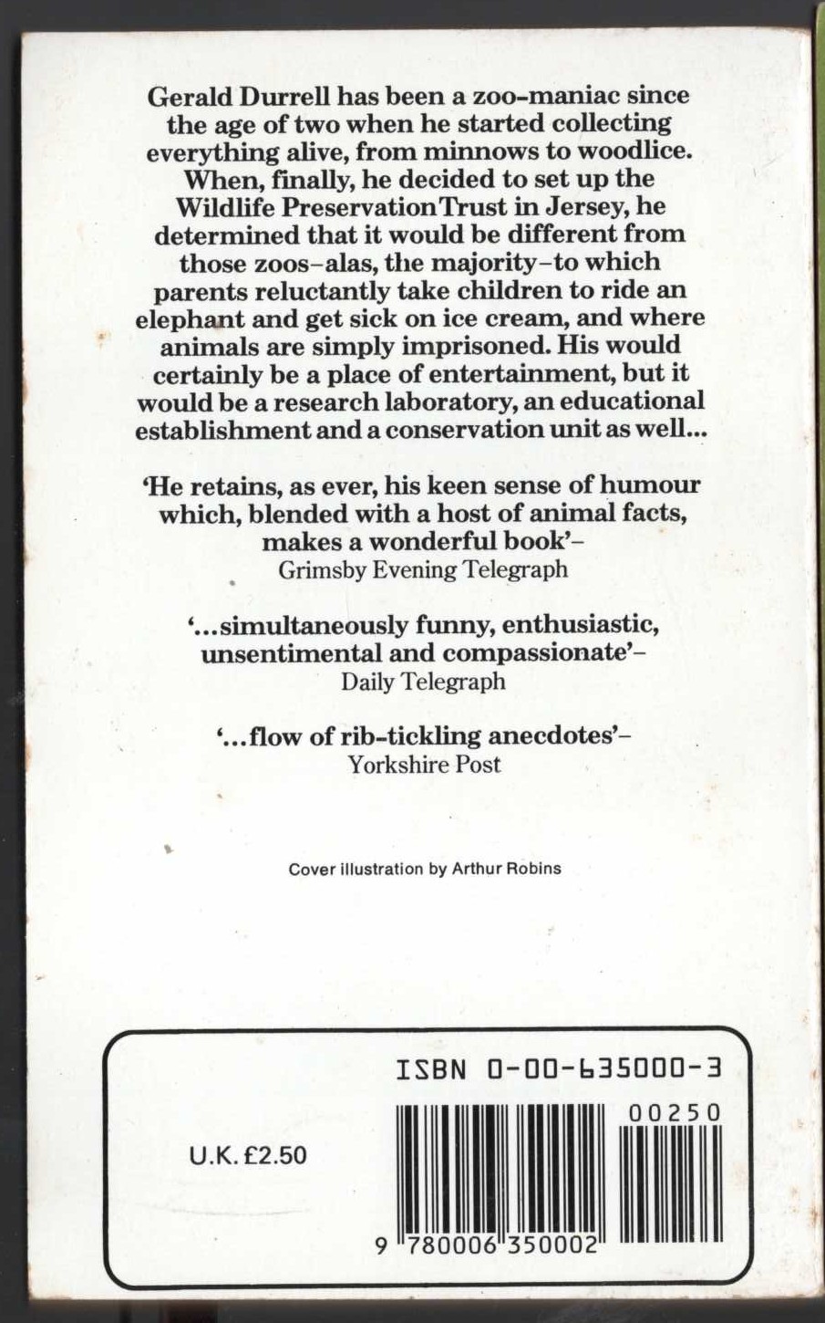 Gerald Durrell  THE STATIONARY ARK magnified rear book cover image