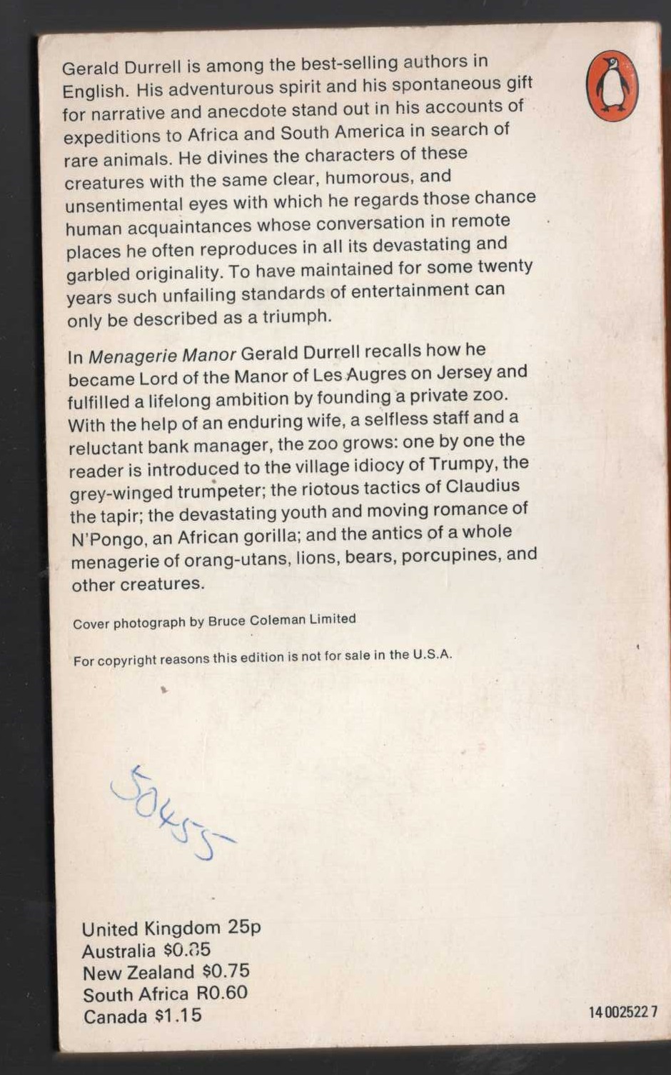 Gerald Durrell  MENAGERIS MANOR magnified rear book cover image