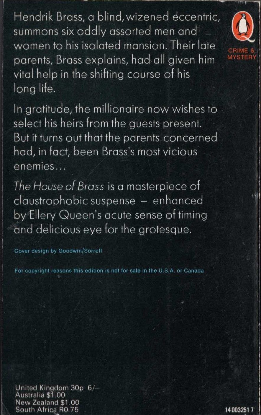 Ellery Queen  THE HOUSE OF BRASS magnified rear book cover image