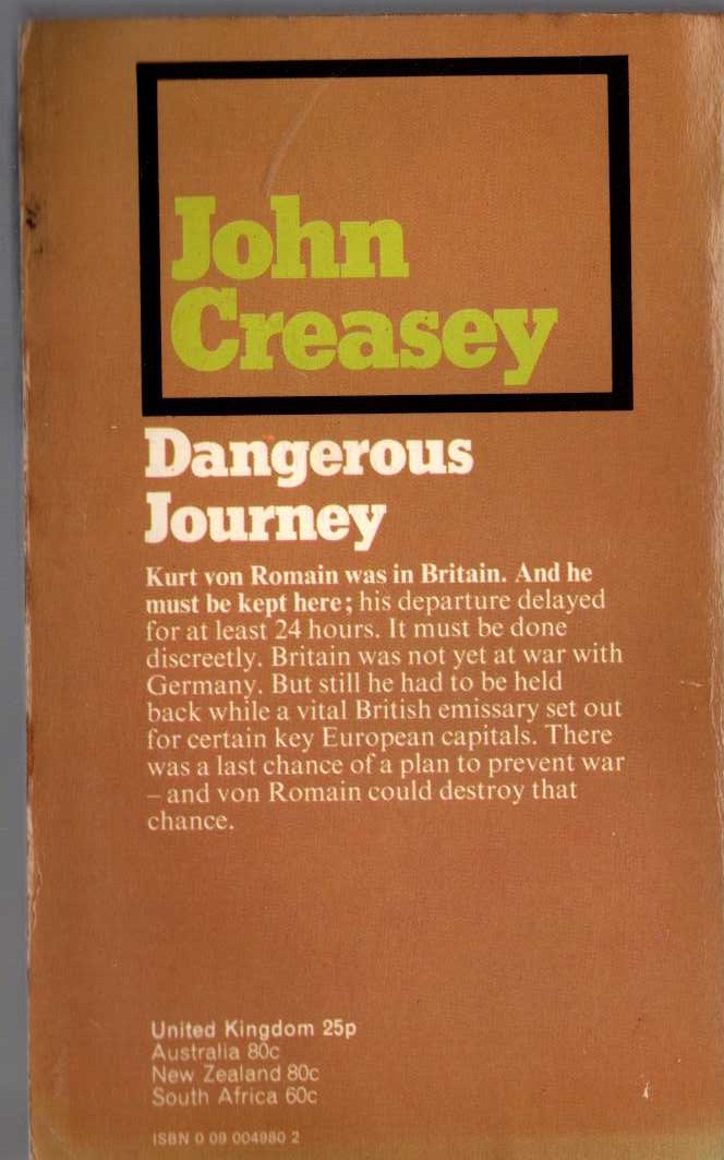 John Creasey  DANGEROUS JOURNEY magnified rear book cover image