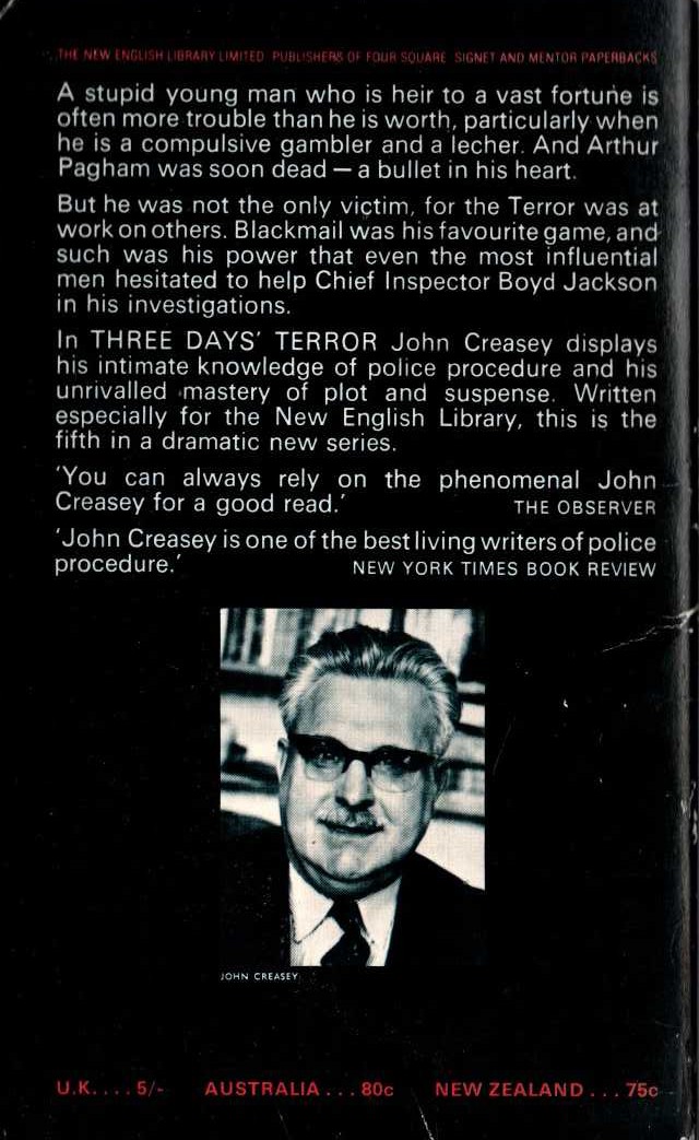 John Creasey  THREE DAYS' TERROR magnified rear book cover image