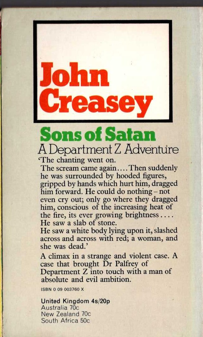 John Creasey  SONS OF SATAN (Department 'Z') magnified rear book cover image